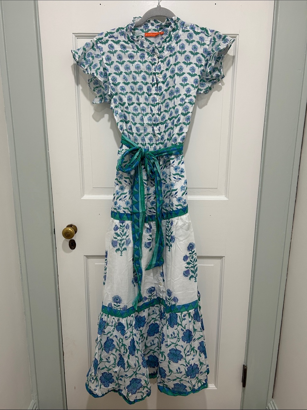 Oliphant White & Blue Floral Tiered Maxi Dress with Green Accents